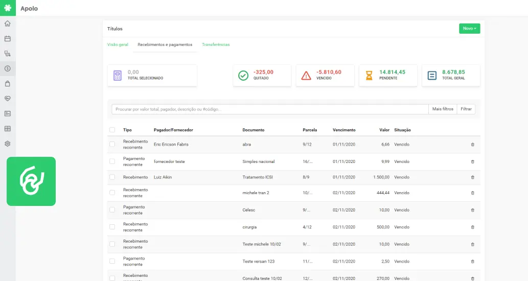 Tela de gerenciamento financeiro